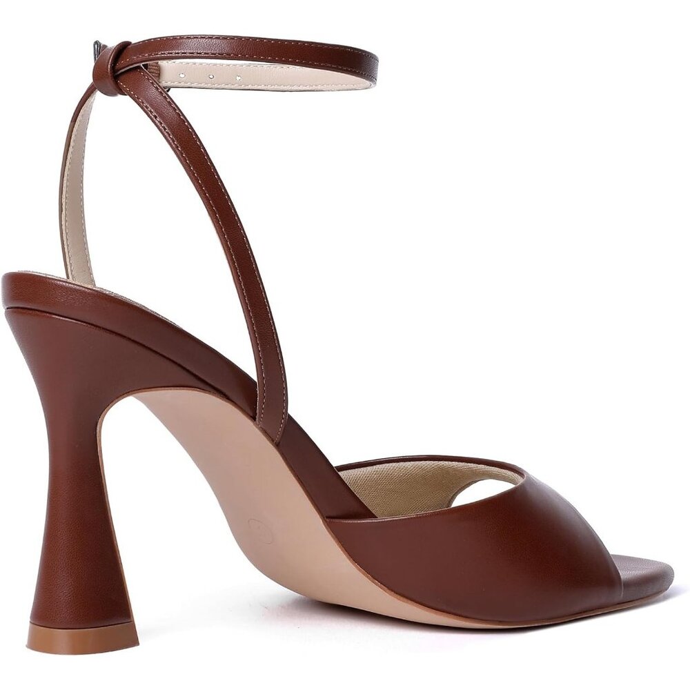 Women's Brown Tan Open Toe Strappy Block Ankle Strap Hight Heeled Sandals Shoes - Picture 9 of 9